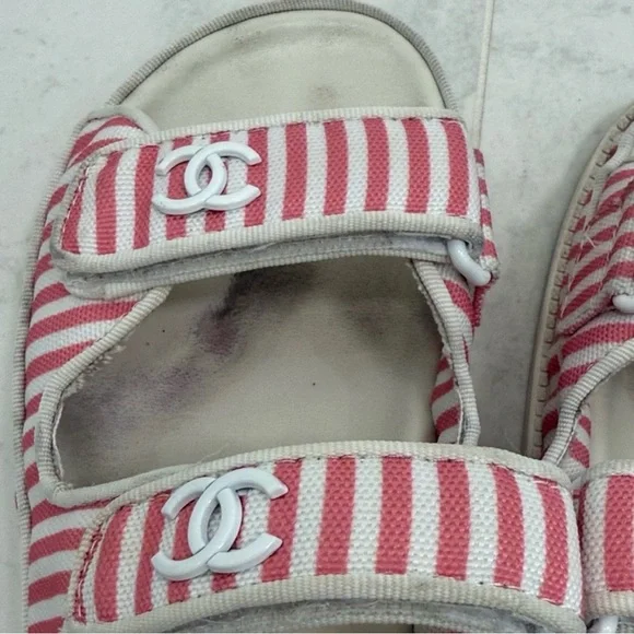 Chanel Printed Calfskin Velcro Dad Flat Mules Sandals Red Stripe 38 EU / 8 US - Picture 8 of 10